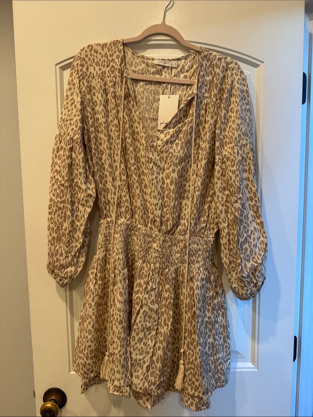 Woven Leopard Print V-Neck Smocked Waist Dress in Beige